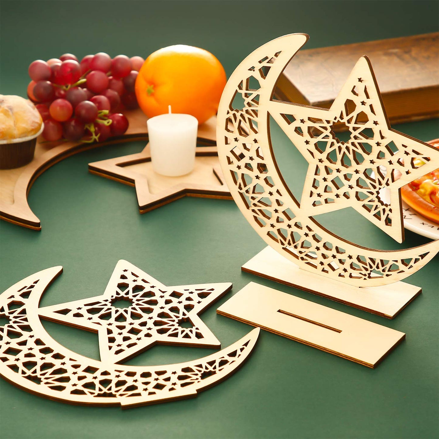 2 Sets Eid Mubarak Wooden Ornament Ramadan Hanging Plaque Moon Star Pendant for Decorations (Classic Style)