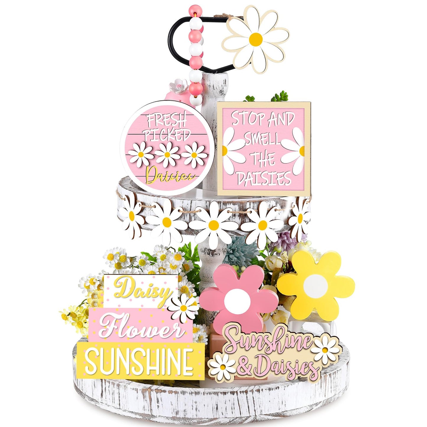 Jetec 12 Pcs Valentine's Day Tiered Tray Decor Set Valentines Heart Wood Sign Gnome Truck Rustic Farmhouse Tray Signs Table Decor for Romantic Valentine's Day Home Kitchen(Daisy, 12 Pcs)