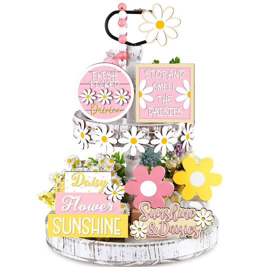 Jetec 12 Pcs Valentine's Day Tiered Tray Decor Set Valentines Heart Wood Sign Gnome Truck Rustic Farmhouse Tray Signs Table Decor for Romantic Valentine's Day Home Kitchen(Daisy, 12 Pcs)