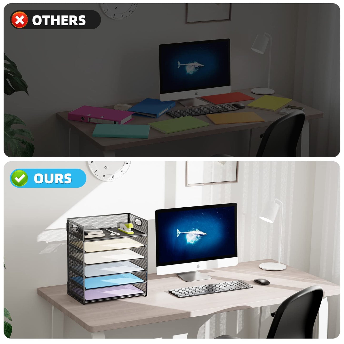 Marbrasse Mesh Desk Organiser Tray, 6 Tier Letter Tray Organiser with Hander,Office Trays Desk Organiser Accessories, Paper Tray Organiser for A4 File Holder - Black