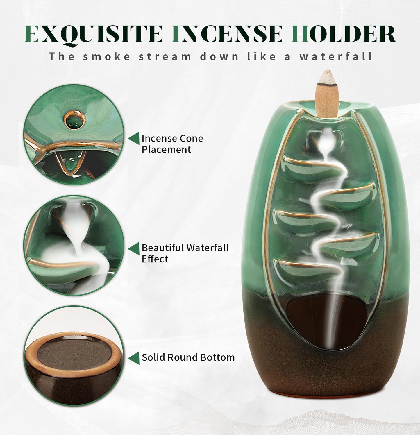 Ronlap Backflow Incense Burner, Ceramic Waterfall Incense Burner Holder with 120 Incense Cones and 30 Incense Sticks Incense Fountain Smoke Waterfall for Meditation Zen Spiritual Room Home Decor, Cyan