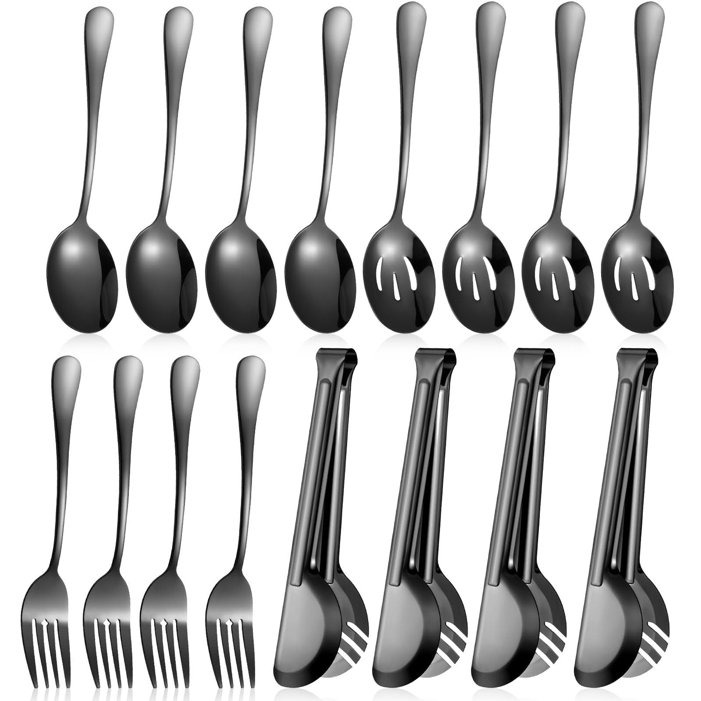Patelai Stainless Steel Serving Utensils Large Serving Spoon Set 9.45 Inch Metal Tongs 9 Inch Serving Forks 8.7 Inch Slotted Spoons and Serving Spoon Kitchen Wedding Party (Black,15 Pieces)