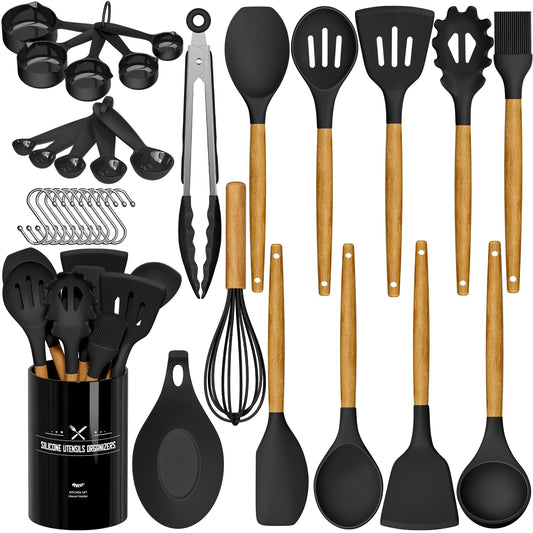 Umite Chef Kitchen Cooking Utensils Set, 33 pcs Non-Stick Utensils Spatula Set with Holder, Black Wooden Handle Silicone Kitchen Gadgets