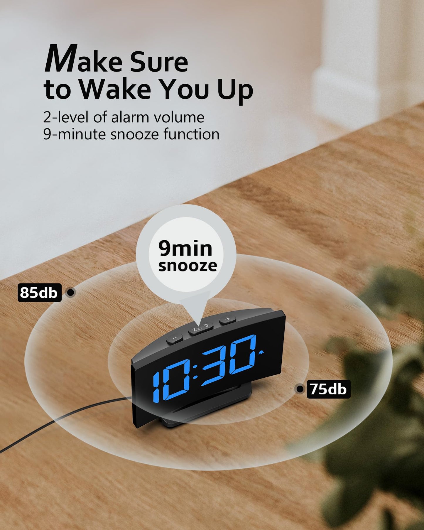 GOLOZA Digital Alarm Clock for Bedrooms, Digital Clock with Modern Curved Design, Conspicuous Blue LED Numbers, 5 Levels Brightness+Off, 2 Volume, 3 Alarm Tones, Snooze, Power-Off Memory, 12/24H