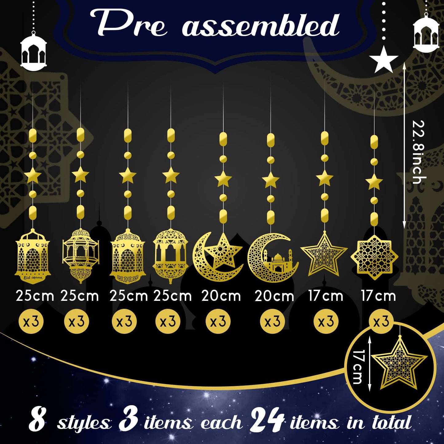Zonon 24 Pcs Islamic Star Moon Lantern Ramadan Garland Eid Decoration Streamer Ramadan Mubarak Party Banner Backdrop Shining Hanging Wall Decorations for Home Wedding Decor Islam Party(Gold)