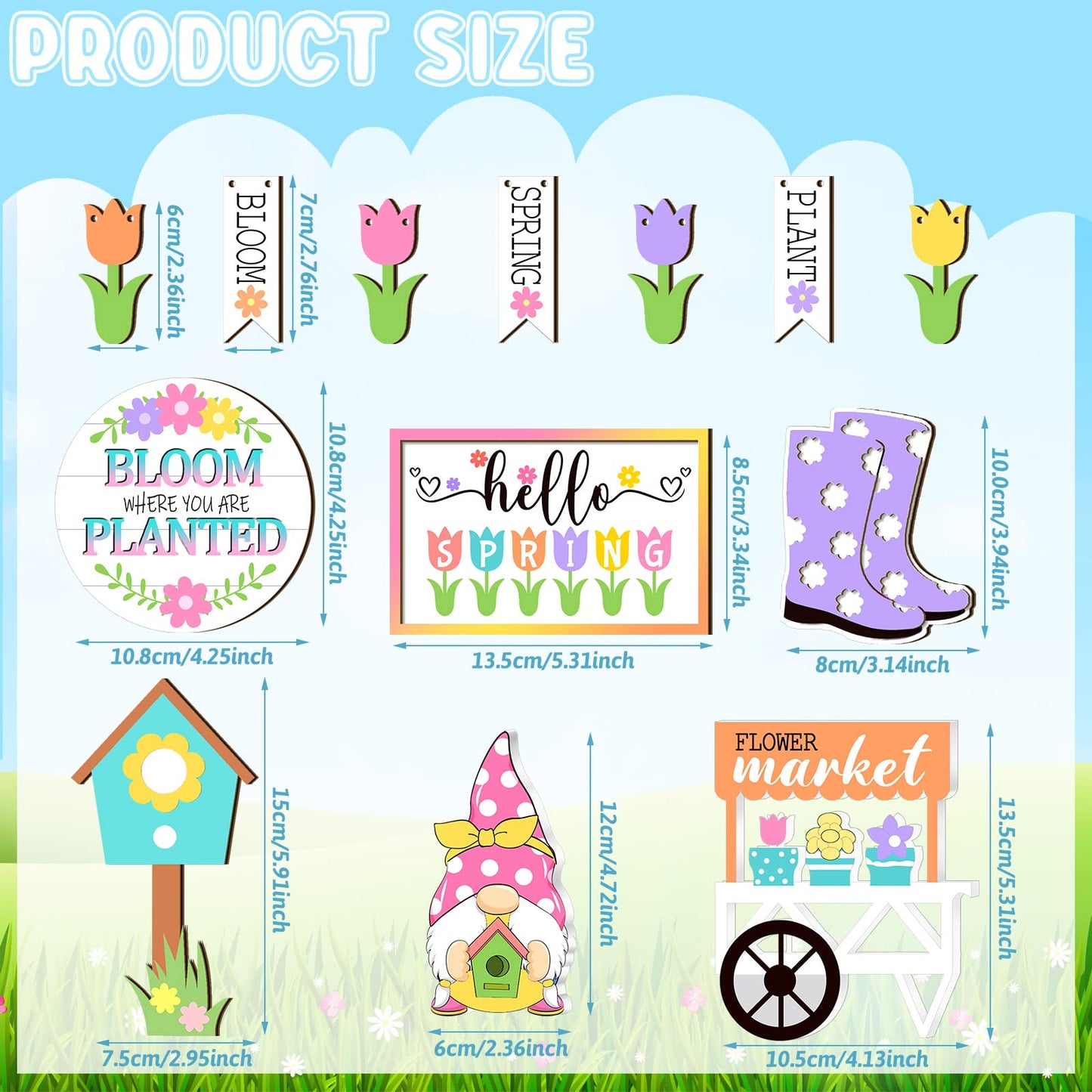 Jetec 12 Pcs Spring Tiered Tray Decor Wooden Gnomes Flowers Plants Tabletop Trays Signs Spring Summer Fall Tiered Tray Items for Home Farmhouse Rustic Kitchen Decorations (Spring)