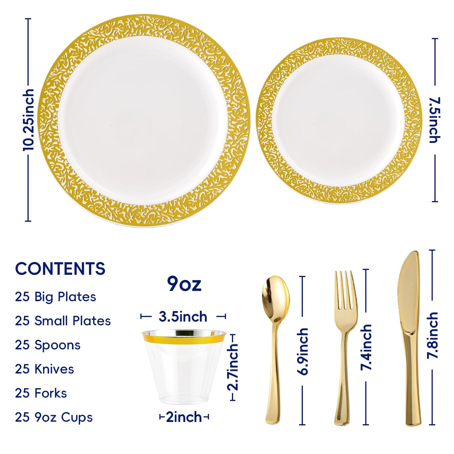 150 Count Gold Dinnerware Set, Elegant Plastic Plates Disposable Include: 25 Gold Lace Plastic Plates, 25 Dessert Plates, 25 Forks, 25 Knives, 25 Spoons, 25 Cup, Ideal for Party, Birthday