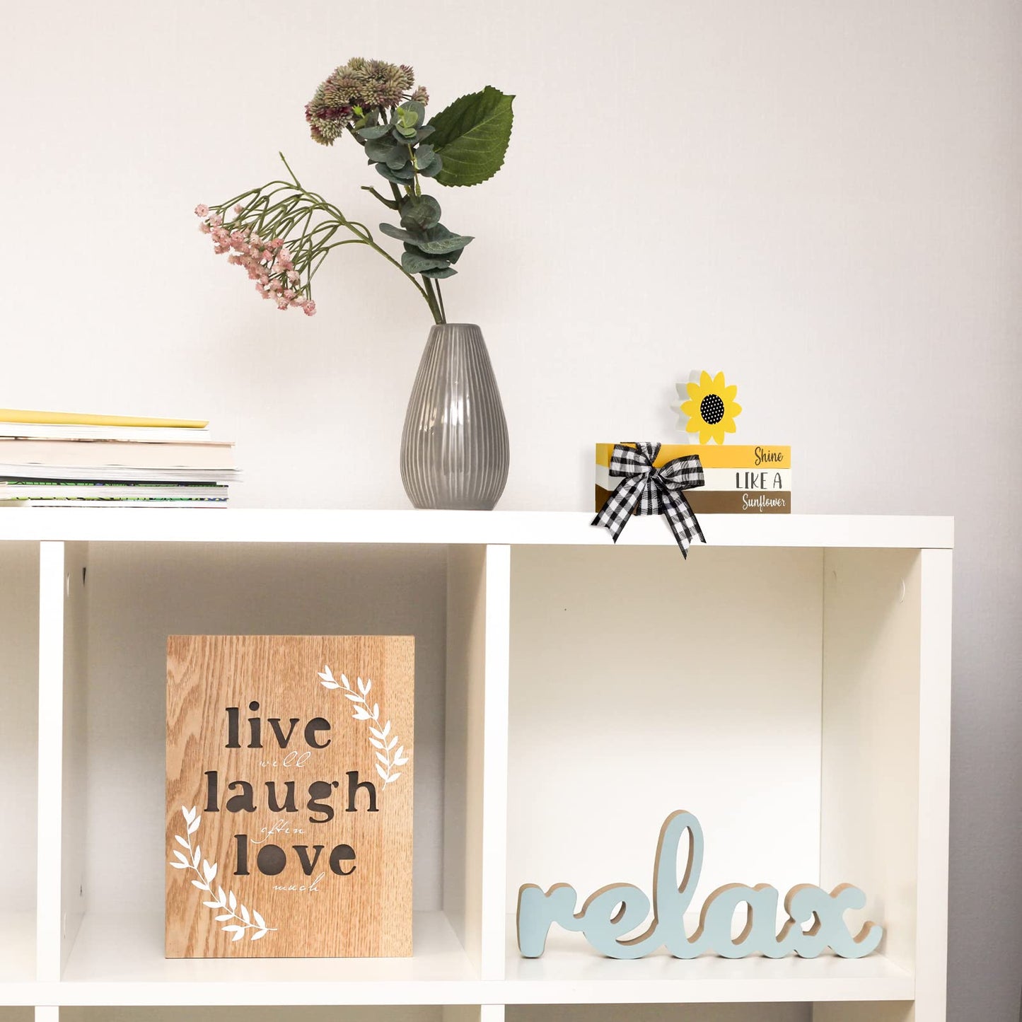 Queekay Tiered Tray Decor, Decorative Fake Book Decor Rustic Wooden Fake Old Books Home Mantle Decor for Spring Summer Fall Table Shelf Mantle Decorations(Sunflower)