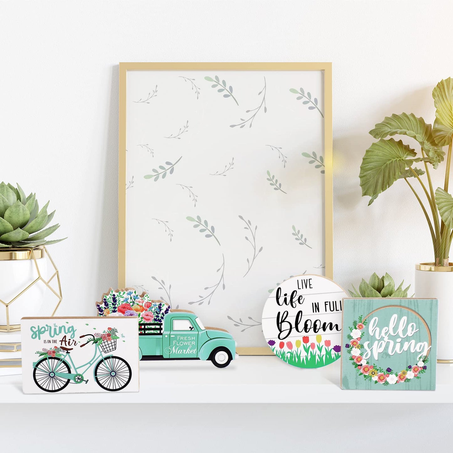 4 Pcs Easter Tiered Tray Decorations Hello Spring Decorations for Home Happy Easter Sign Bunny Farm Fresh Truck Wooden Centerpiece Table Signs for Indoor Home Kitchen Decor(Car Style)