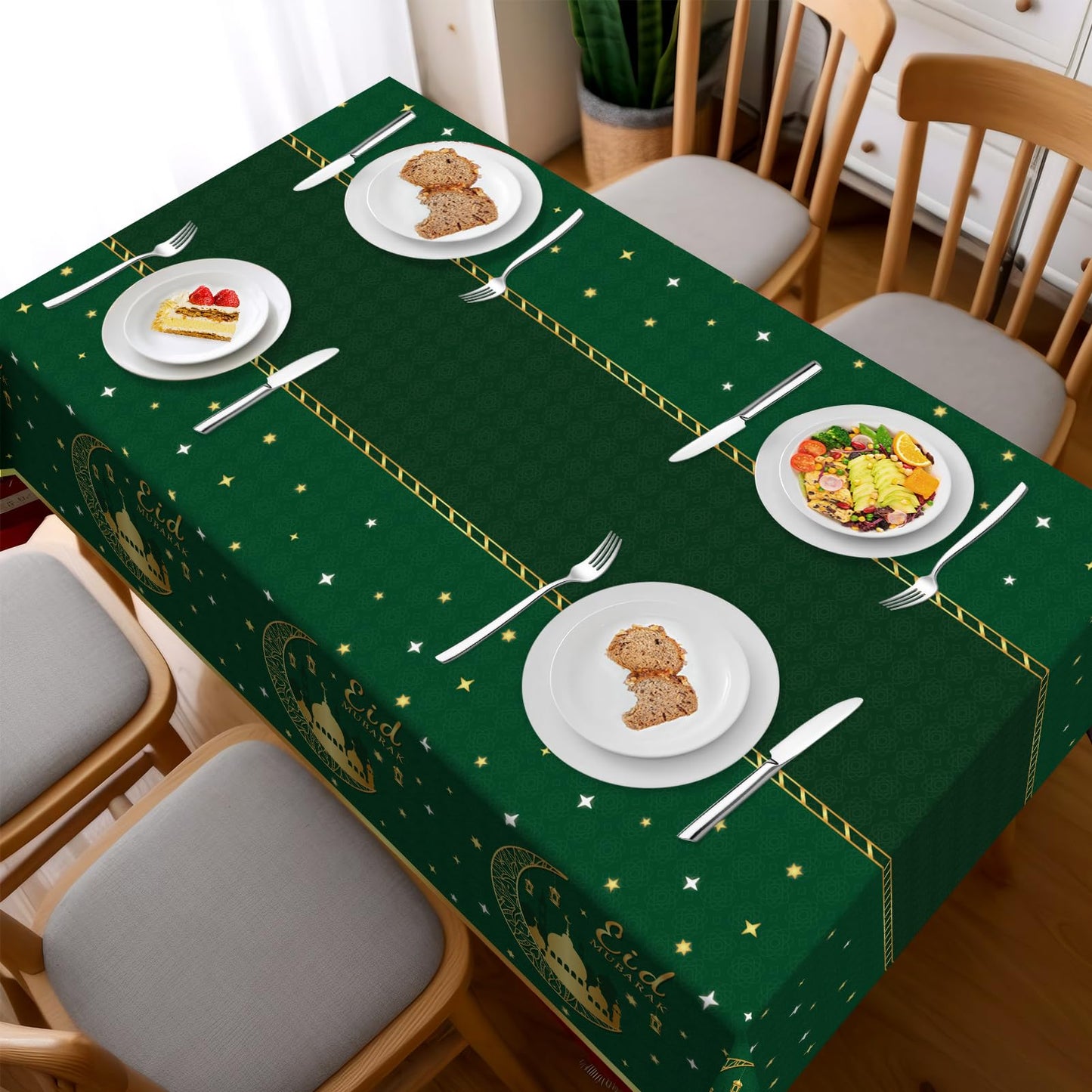 Childom 3 Pack Ramadan Mubarak Tablecloths for Eid Mubarak Decorations, 54" x 108" Plastic Disposable Happiness Ramadan Eid Al-fitr Party Table Covers for Rectangle Tables Ramadan Party Favors(Green)