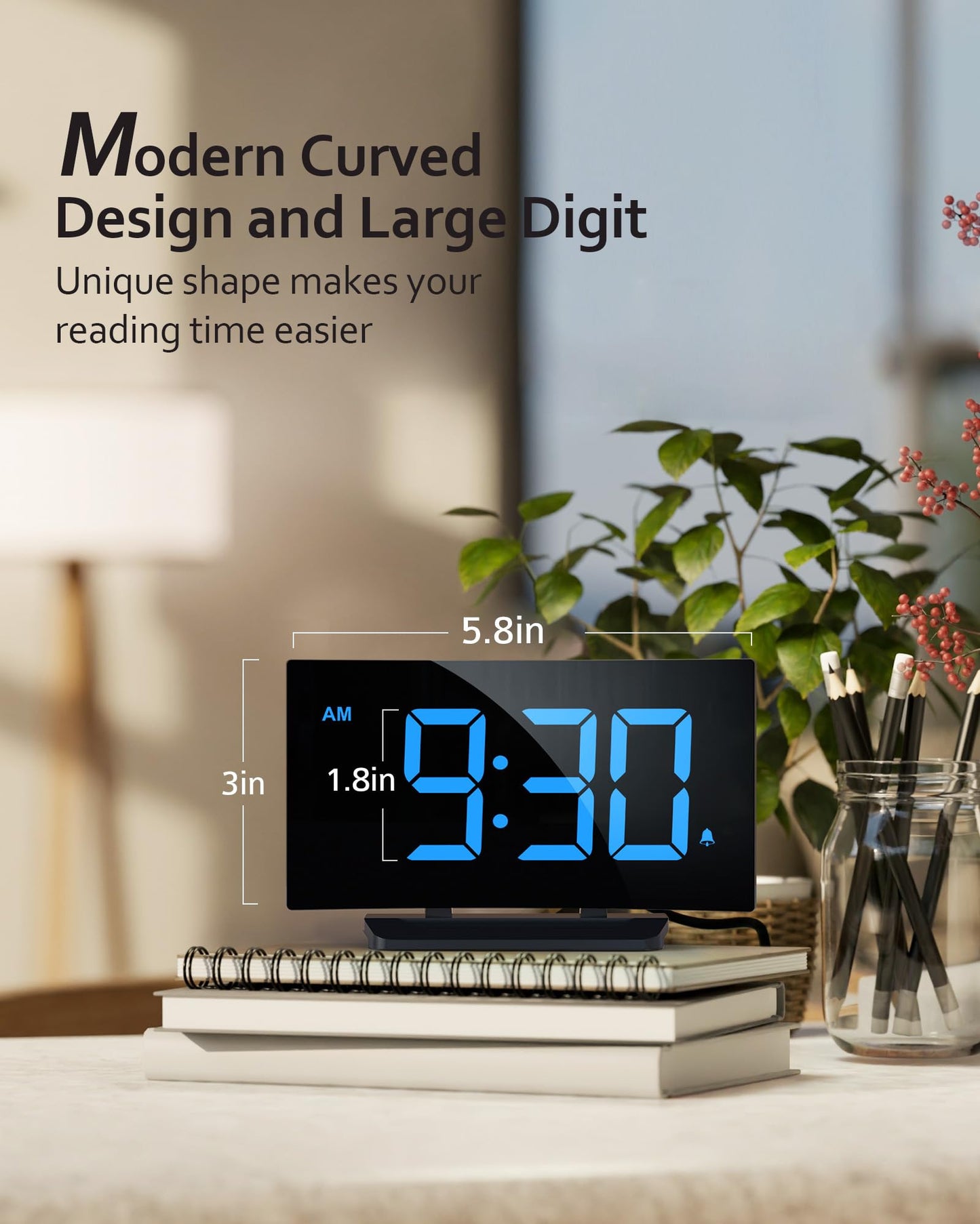 GOLOZA Digital Alarm Clock for Bedrooms, Digital Clock with Modern Curved Design, Conspicuous Blue LED Numbers, 5 Levels Brightness+Off, 2 Volume, 3 Alarm Tones, Snooze, Power-Off Memory, 12/24H