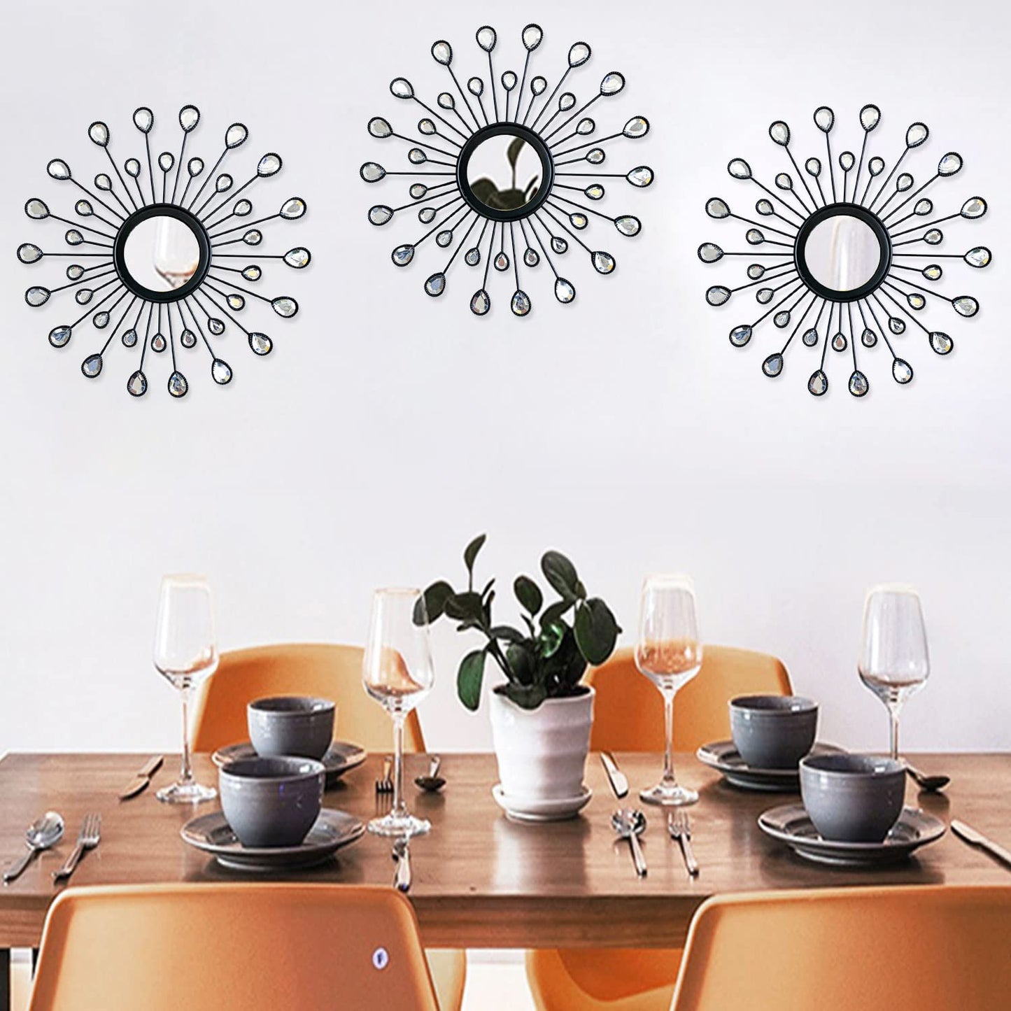 Uaussi 3 Pack Metal Wall Mirrors Rhinestones Starburst Mirror Set Bling Home Decorative Hanging Wall Art for Living Room Bedroom-Water-Drop Burst Black