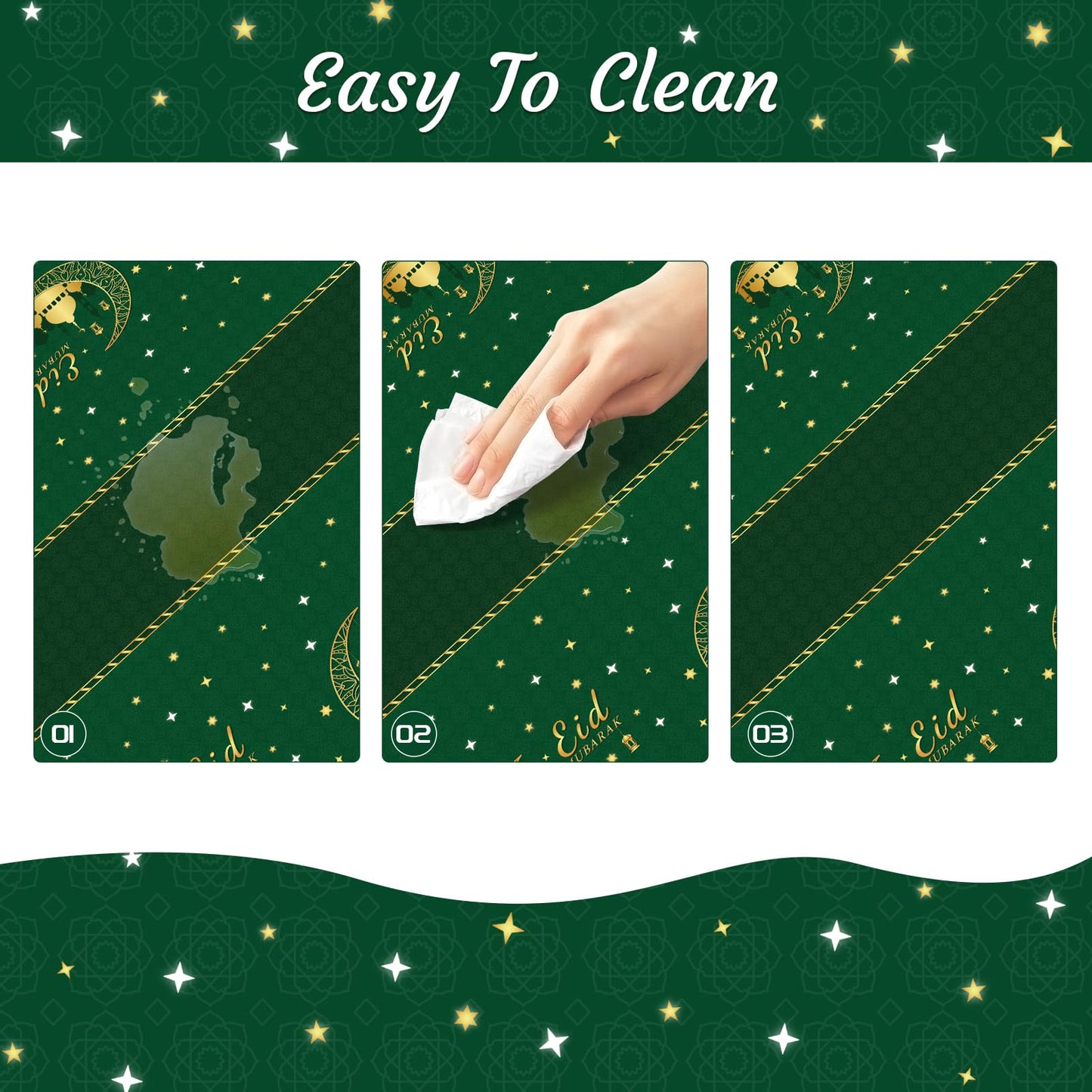 Childom 3 Pack Ramadan Mubarak Tablecloths for Eid Mubarak Decorations, 54" x 108" Plastic Disposable Happiness Ramadan Eid Al-fitr Party Table Covers for Rectangle Tables Ramadan Party Favors(Green)