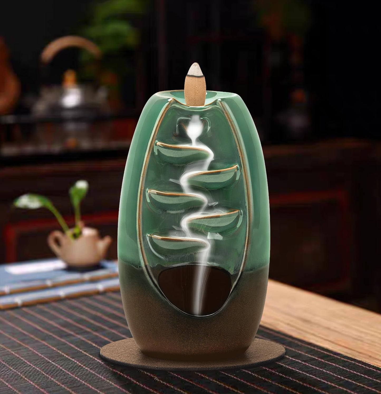 Ronlap Backflow Incense Burner, Ceramic Waterfall Incense Burner Holder with 120 Incense Cones and 30 Incense Sticks Incense Fountain Smoke Waterfall for Meditation Zen Spiritual Room Home Decor, Cyan