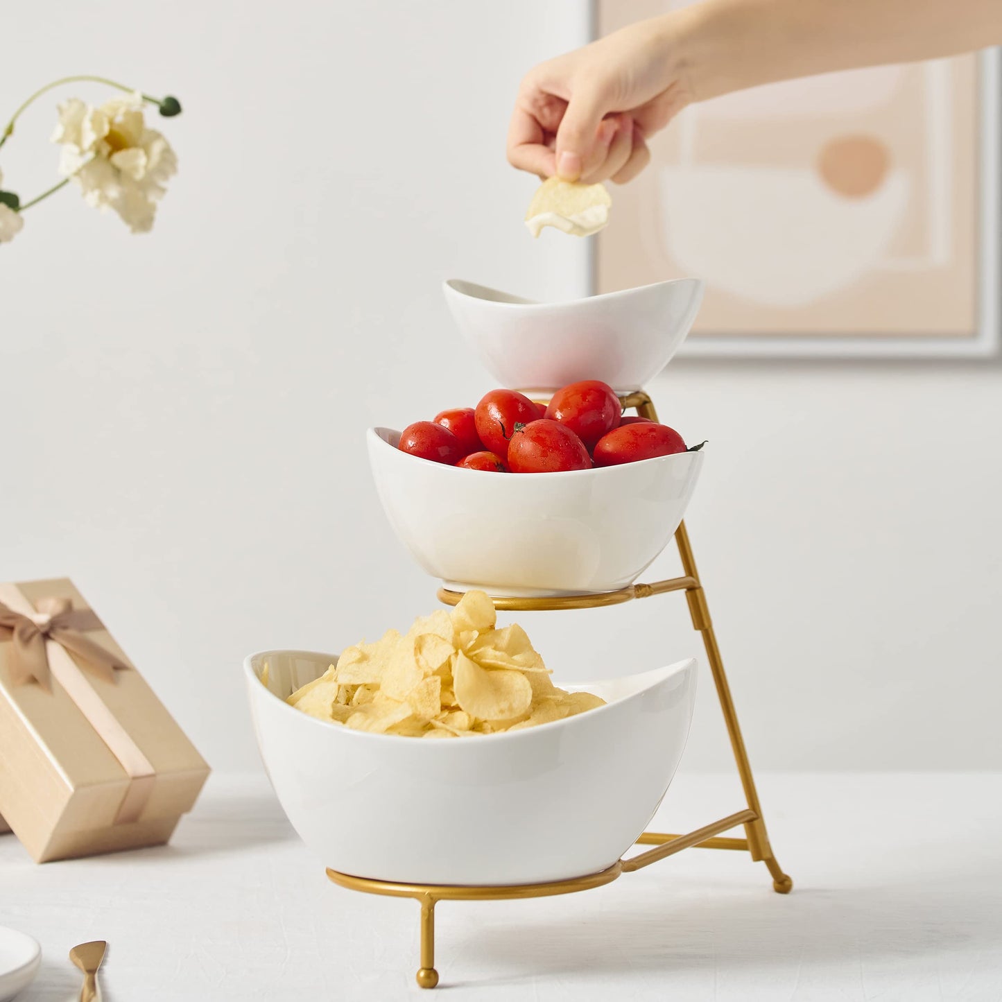 Gomakren 3 Tiered Oval Serving Bowl With Collapsible Metal Rack, Dessert Appetizer, Candy Chip Dip, Fruit, Vegetable Bowl Set, White Serving Dishes For Entertaining(Gold Stand)