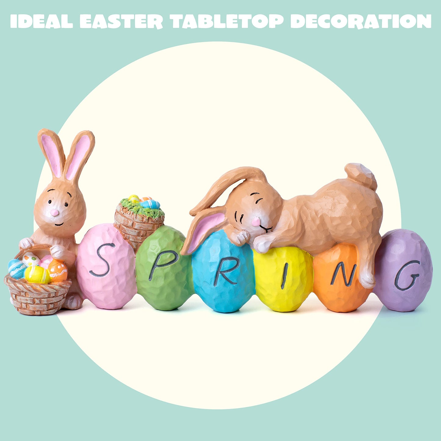 JOYIN Easter Bunny Resin Centerpiece Indoor Decoration with The Word Spring Tabletop & Egg Easter Figuring for Home and Office Decor