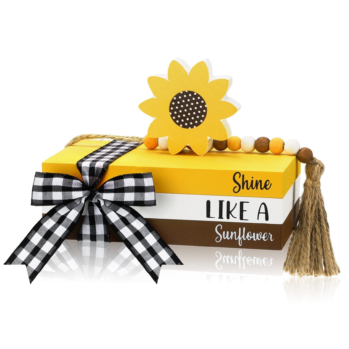 Queekay Tiered Tray Decor, Decorative Fake Book Decor Rustic Wooden Fake Old Books Home Mantle Decor for Spring Summer Fall Table Shelf Mantle Decorations(Sunflower)
