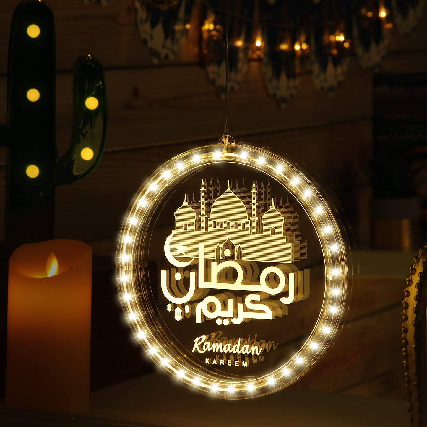 Hiboom 3D Eid Ramadan Lights, Moon and Star Castle Islam Eid Mubarak Decorations, Ramadan Decorations for Home Indoor, Islam Fairy Window Lights Wall Bedroom Party Decor(Castle Style)