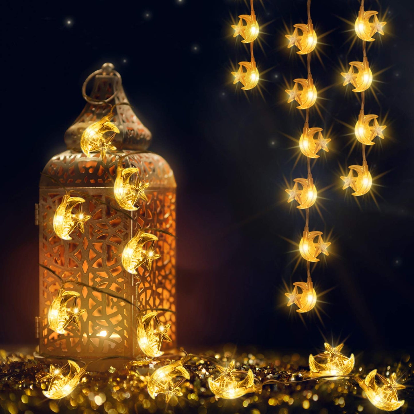 Frienda Moon Star String Lights for Eid Decorations, 6.6 ft 20 LEDs Ramadan Festival Lights, Fairy String Lights Battery Operated Indoor Outdoor, Warm White