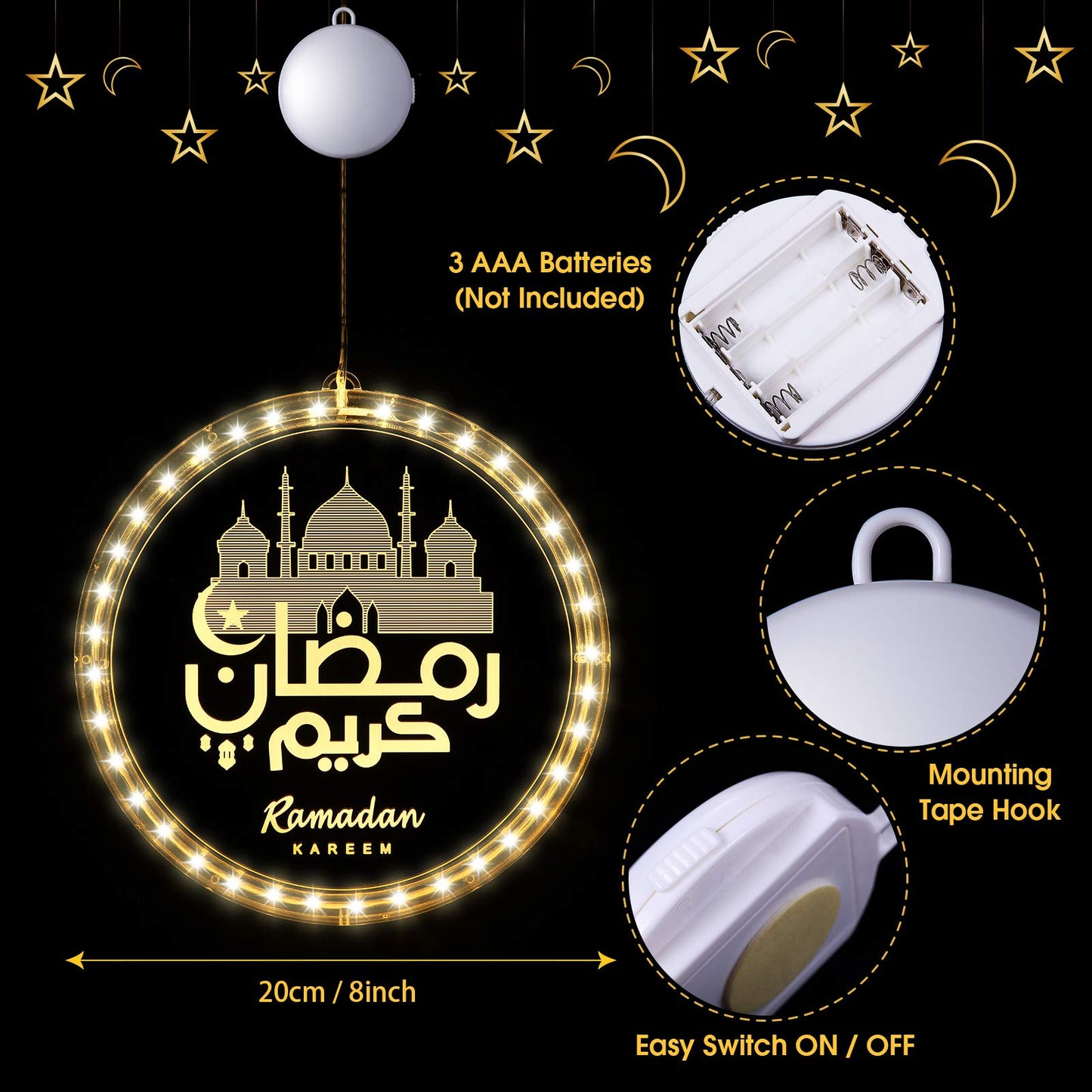 Hiboom 3D Eid Ramadan Lights, Moon and Star Castle Islam Eid Mubarak Decorations, Ramadan Decorations for Home Indoor, Islam Fairy Window Lights Wall Bedroom Party Decor(Castle Style)