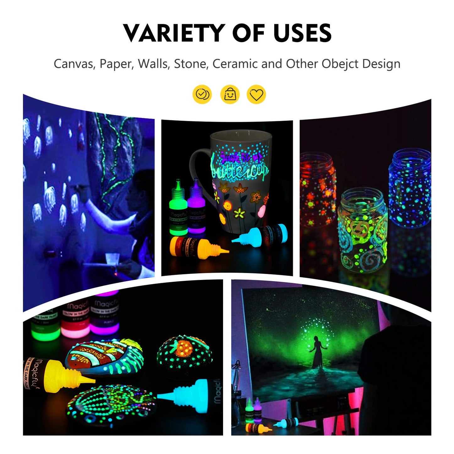 Magicfly Acrylic Glow in The Dark Paint, 10 Bright Colours Liquid Luminous Paint, Neon Paints Glow in Dark for Painting, Halloween Decoration, DIY Crafts, 20 ml Each