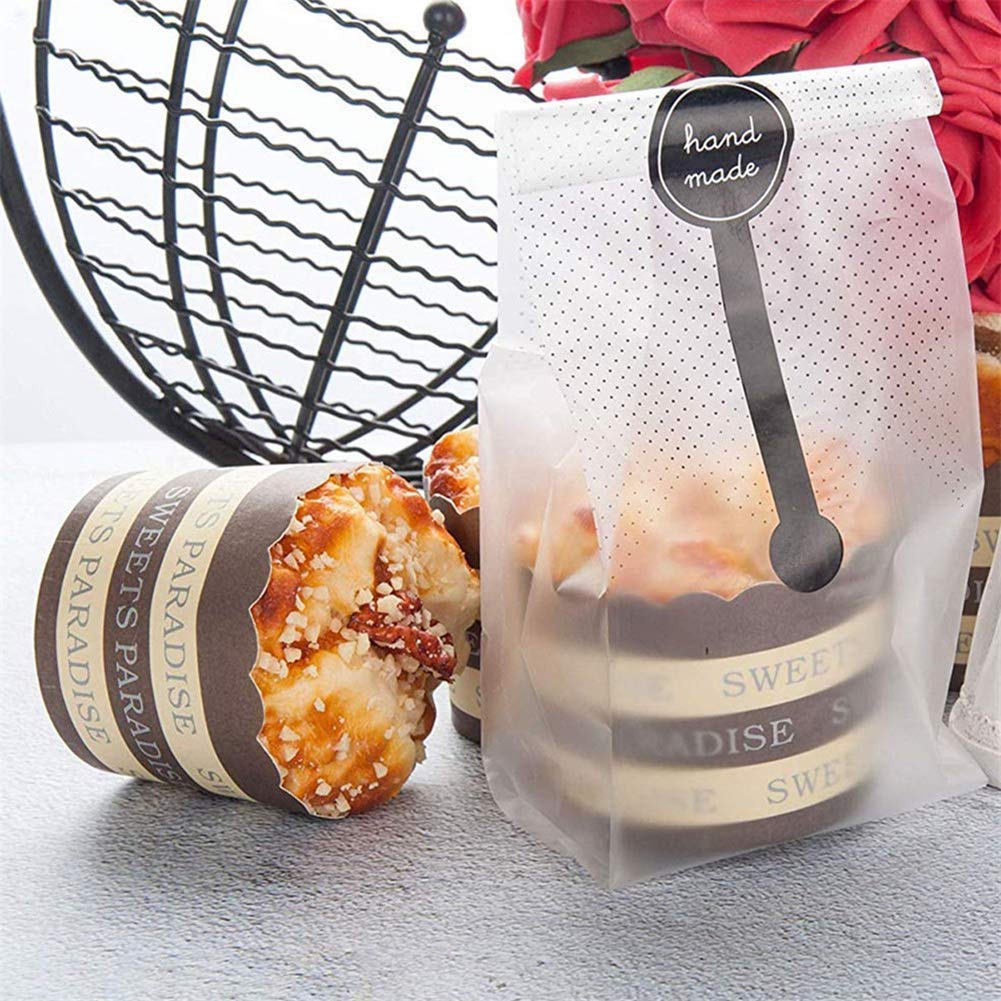 Cookie Bags for Packaging, Searik Translucent Plastic Cellophane Pastry Treat Bags for Party Gift Giving Bakery Bread Candy Chocolate Wrapping Goods with Stickers and Ribbon (3.5 x 8.8 Inches, 80 Pcs)