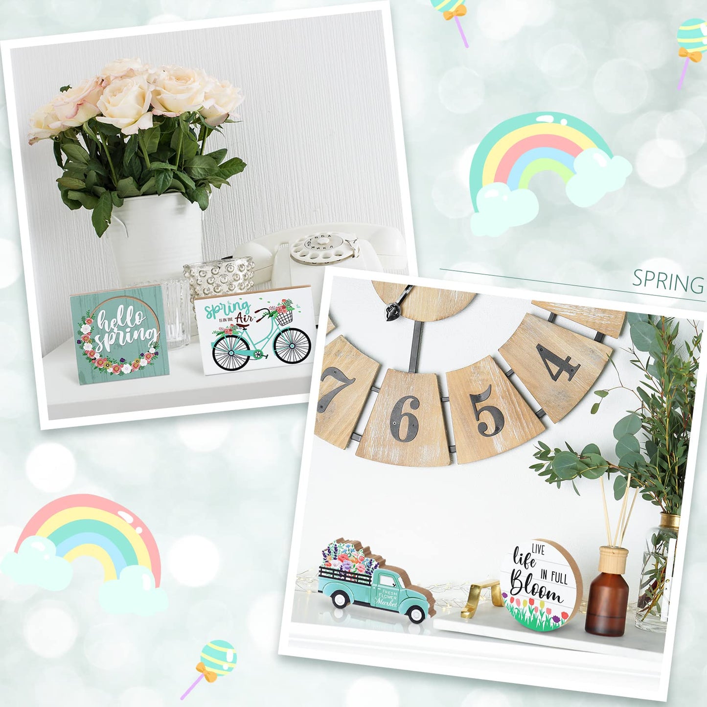 4 Pcs Easter Tiered Tray Decorations Hello Spring Decorations for Home Happy Easter Sign Bunny Farm Fresh Truck Wooden Centerpiece Table Signs for Indoor Home Kitchen Decor(Car Style)