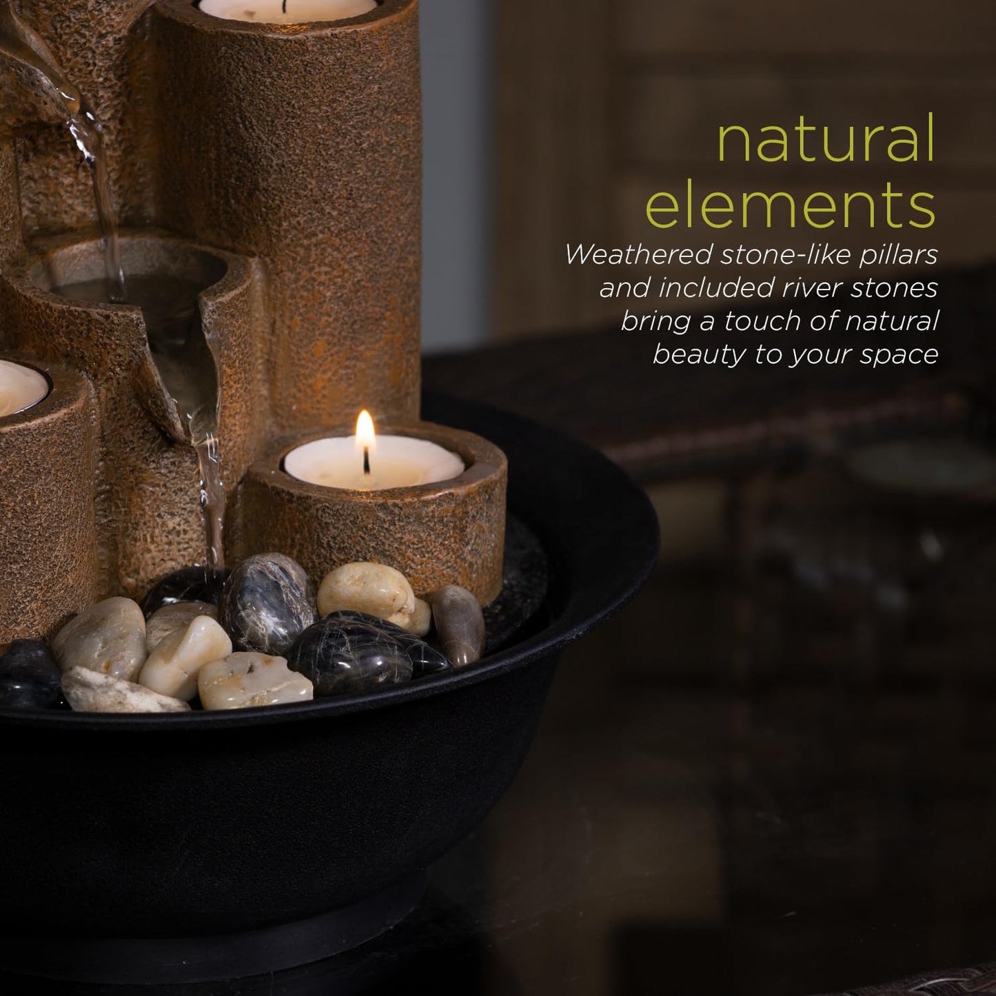 Alpine Corporation WCT202 Indoor Tabletop Tiered Water Fountain Featuring 3 Candles for Desktop and Table, 11", Brown