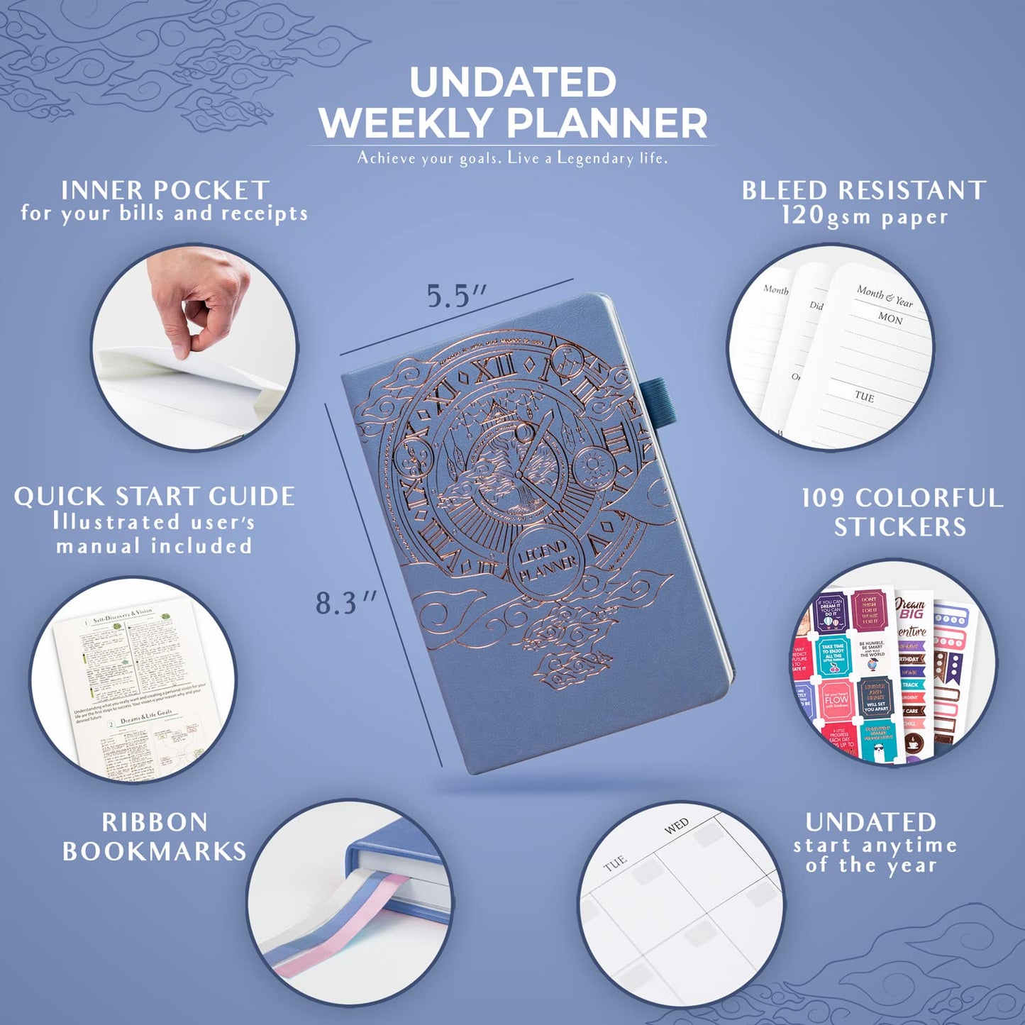 Legend Planner – Deluxe Weekly & Monthly Life Planner to Hit Your Goals & Live Happier. Organizer Notebook & Productivity Journal. A5 Hardcover, Undated – Start Any Time + Stickers – Periwinkle Gold