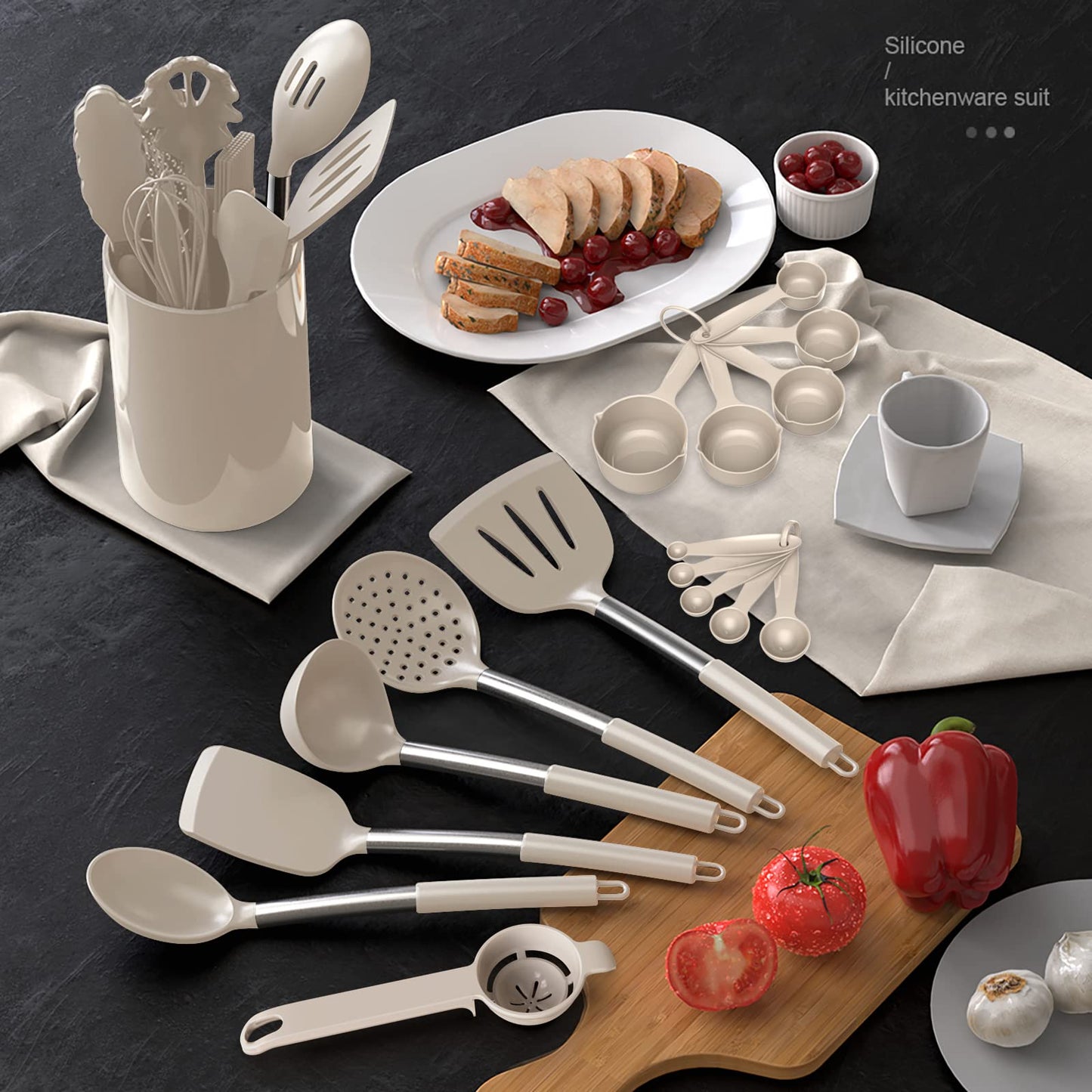 Large Silicone Cooking Utensils Set - Heat Resistant Kitchen Utensils,Turner Tongs,Spatula,Spoon,Brush,Whisk,Stainless Steel Silicone Cooking Tool for Nonstick Cookware,Dishwasher Safe (Khaki)