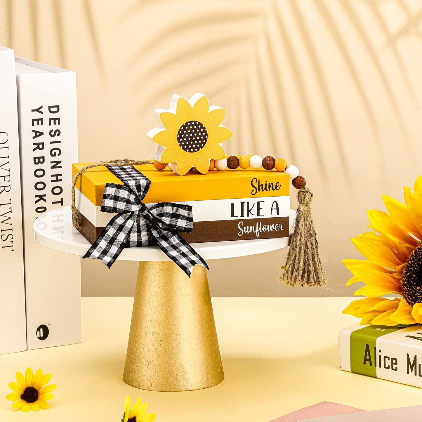 Queekay Tiered Tray Decor, Decorative Fake Book Decor Rustic Wooden Fake Old Books Home Mantle Decor for Spring Summer Fall Table Shelf Mantle Decorations(Sunflower)