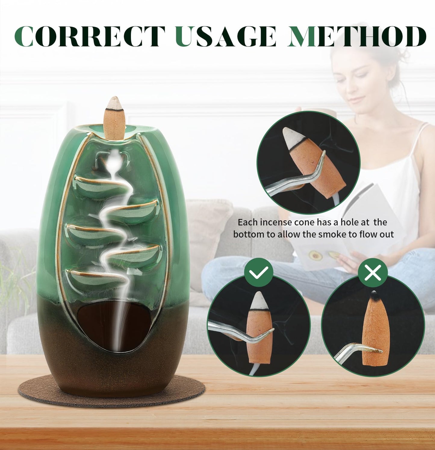 Ronlap Backflow Incense Burner, Ceramic Waterfall Incense Burner Holder with 120 Incense Cones and 30 Incense Sticks Incense Fountain Smoke Waterfall for Meditation Zen Spiritual Room Home Decor, Cyan