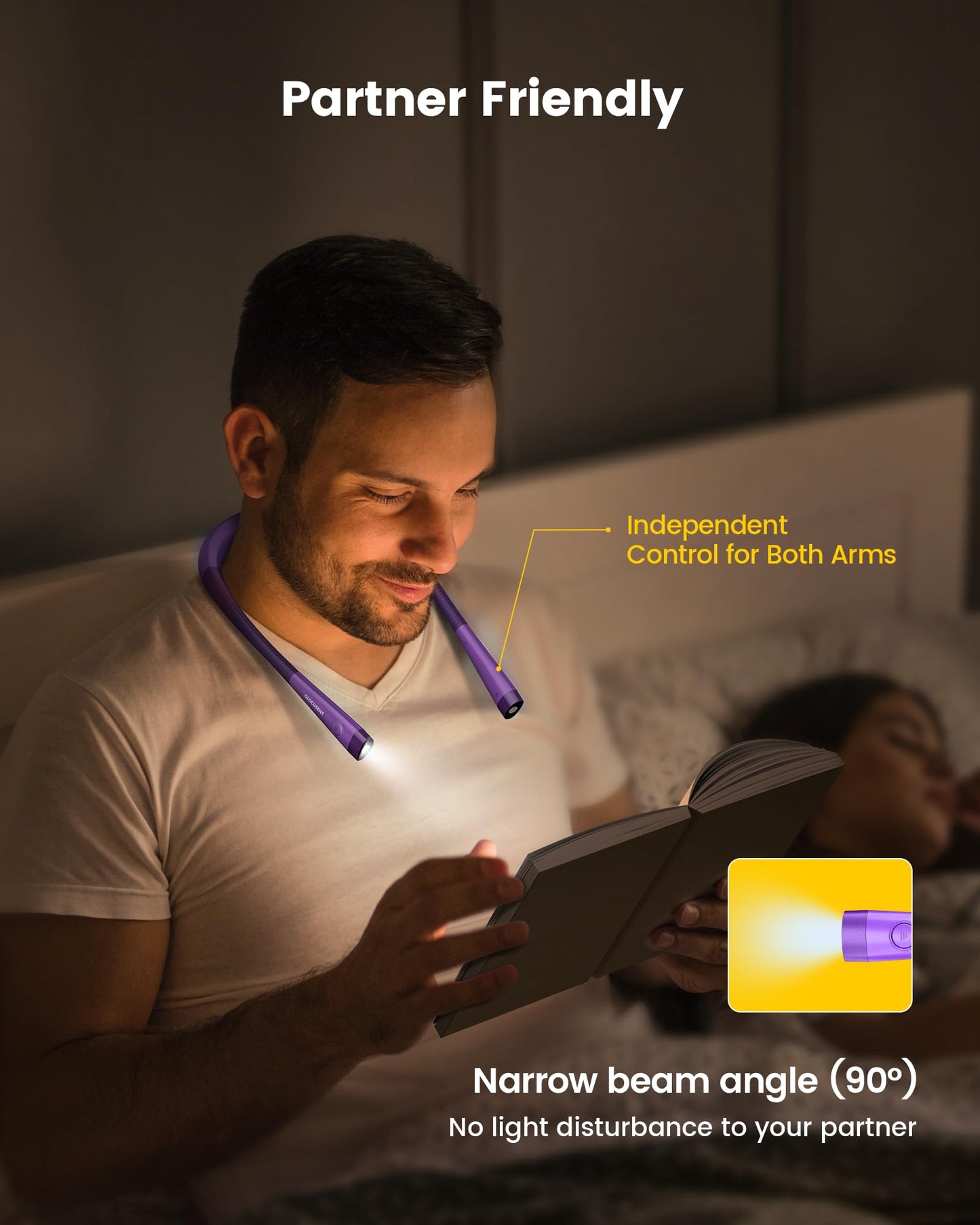 Glocusent LED Neck Reading Light, Book Light for Reading in Bed, 3 Colors, 6 Brightness Levels, Bendable Arms, Rechargeable, Long Lasting, Perfect for Reading, Knitting, Camping, Repairing