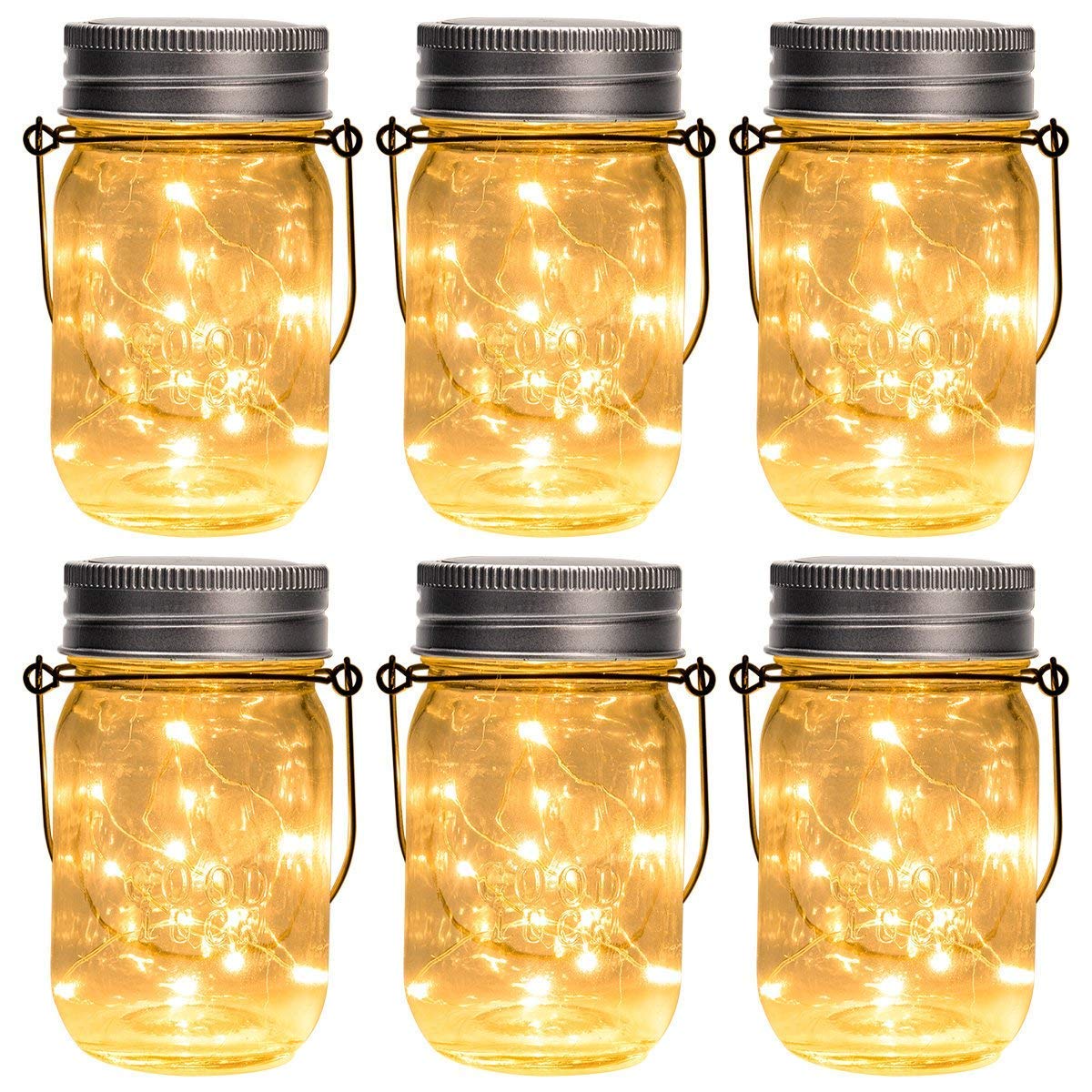GIGALUMI Hanging Solar Mason Jar Lights, 6 Pack 30 Led String Fairy Lights Hanging Solar Lanterns Outdoor Waterproof, Hangers and Jars Included, Outdoor Decor for Christmas, Wedding, Garden, Patio