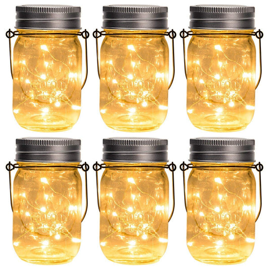 GIGALUMI Hanging Solar Mason Jar Lights, 6 Pack 30 Led String Fairy Lights Hanging Solar Lanterns Outdoor Waterproof, Hangers and Jars Included, Outdoor Decor for Christmas, Wedding, Garden, Patio