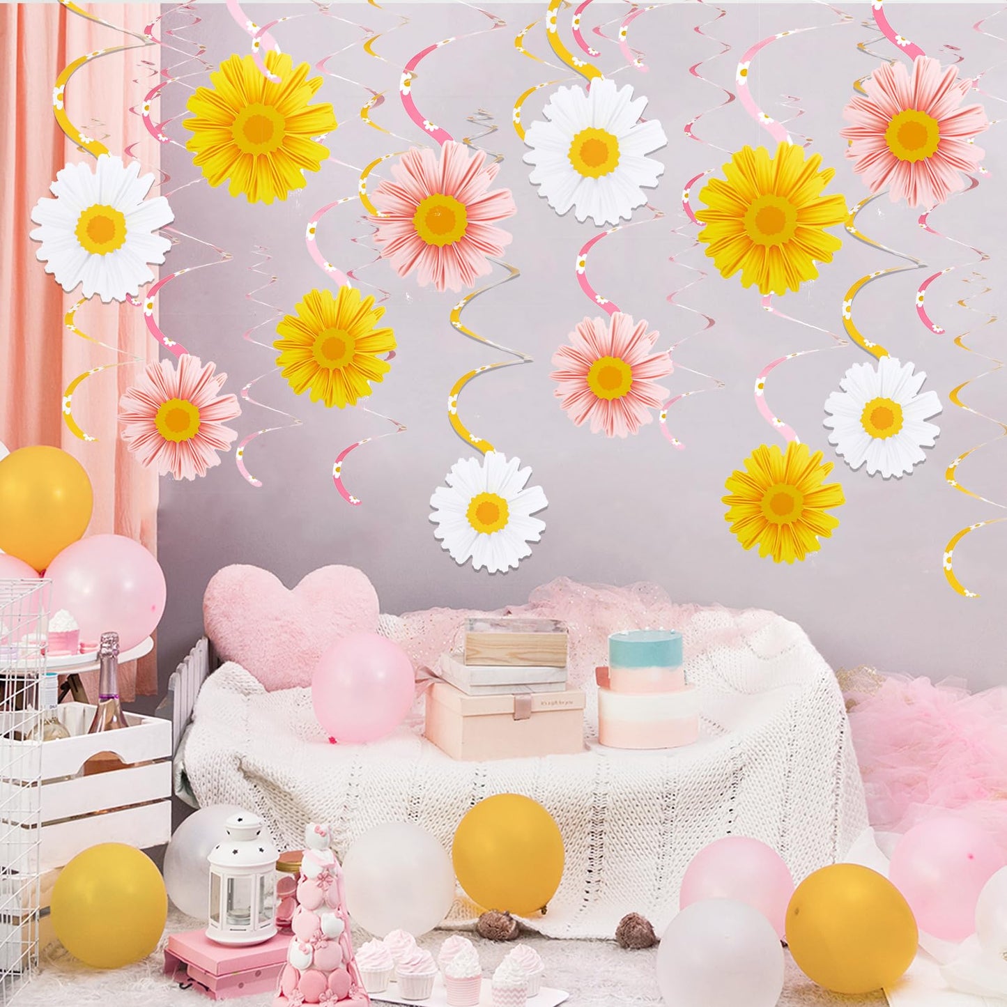 EASY JOY 24 PCS Daisy Hanging Swirls Decorations Boho Groovy Party Decorations Spring Flower Birthday Party Decorations Retro Hippie Party Ceiling Decorations for Classroom Office Mother Day Decor