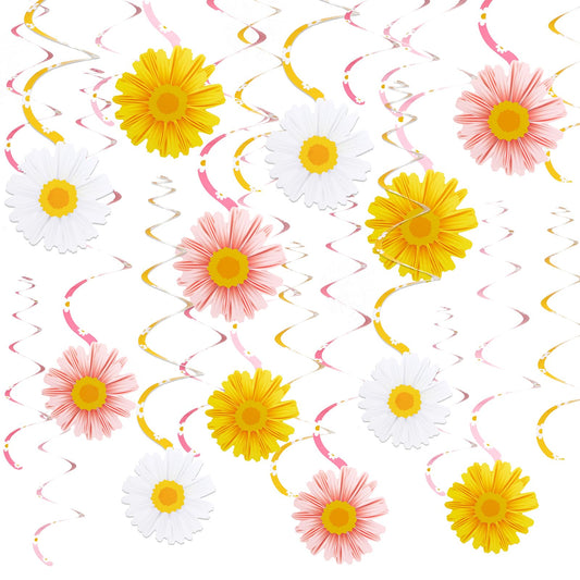 EASY JOY 24 PCS Daisy Hanging Swirls Decorations Boho Groovy Party Decorations Spring Flower Birthday Party Decorations Retro Hippie Party Ceiling Decorations for Classroom Office Mother Day Decor