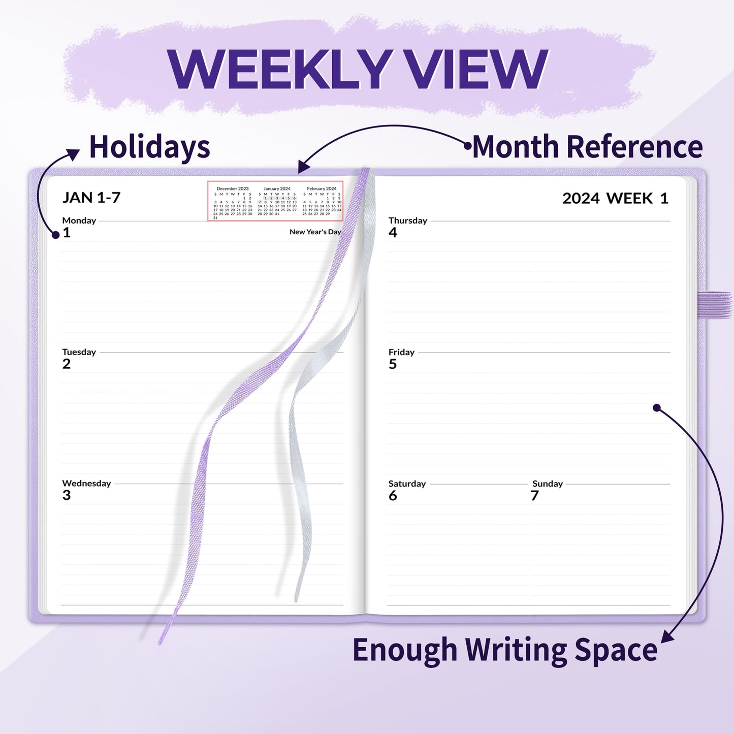 SUNEE 2024 Weekly & Monthly Hardcover Planner 5.5" x 8.3" - 12 Month (January 2024 - December 2024), Small Hardcover Planner, Pocket, Notes, 100 GSM Paper, Monthly Sticker, Purple