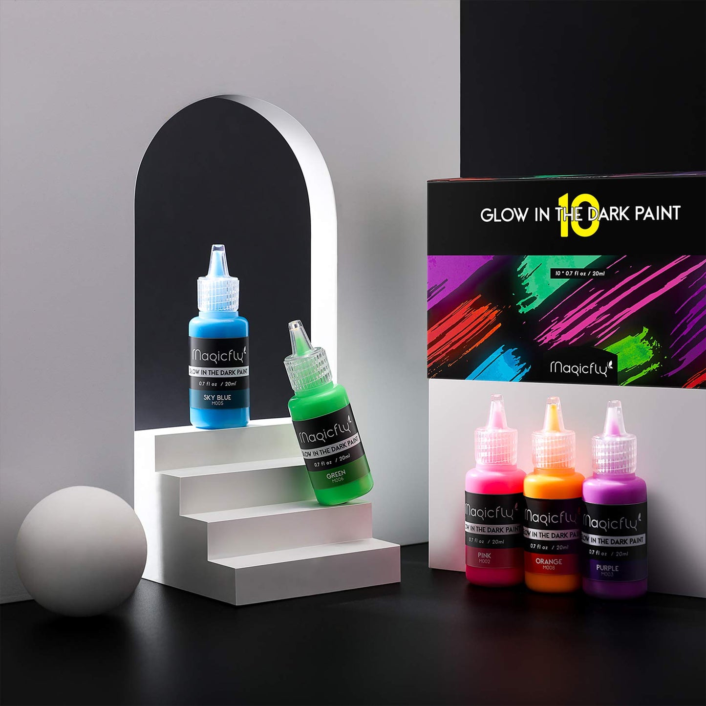 Magicfly Acrylic Glow in The Dark Paint, 10 Bright Colours Liquid Luminous Paint, Neon Paints Glow in Dark for Painting, Halloween Decoration, DIY Crafts, 20 ml Each