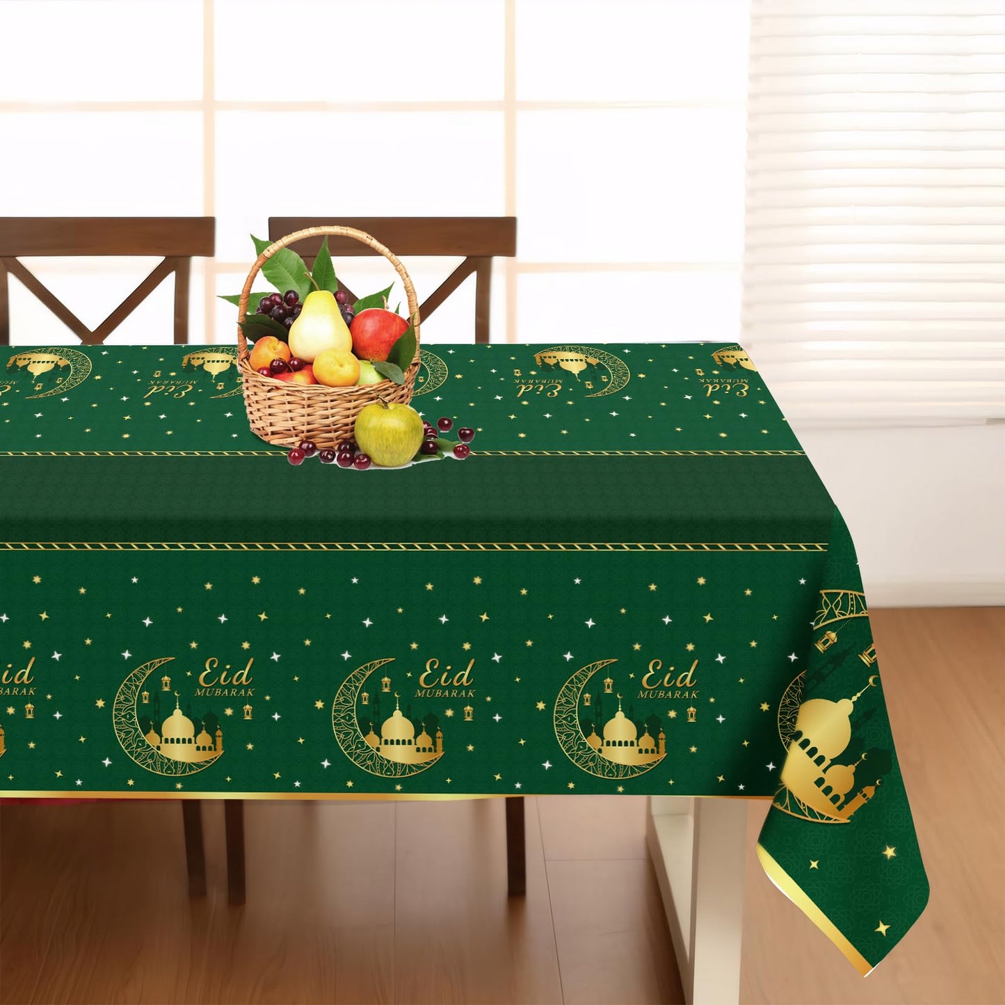 Childom 3 Pack Ramadan Mubarak Tablecloths for Eid Mubarak Decorations, 54" x 108" Plastic Disposable Happiness Ramadan Eid Al-fitr Party Table Covers for Rectangle Tables Ramadan Party Favors(Green)