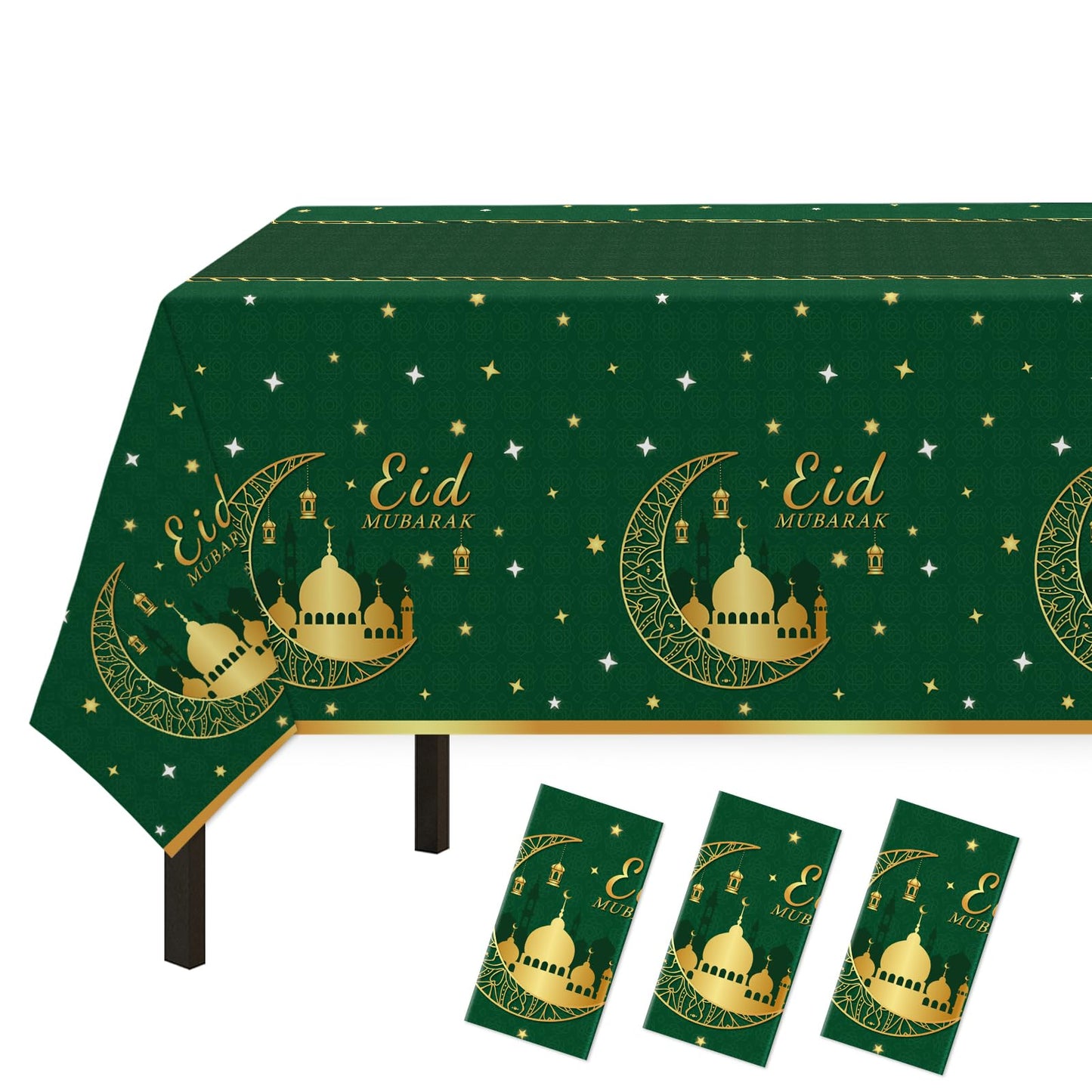 Childom 3 Pack Ramadan Mubarak Tablecloths for Eid Mubarak Decorations, 54" x 108" Plastic Disposable Happiness Ramadan Eid Al-fitr Party Table Covers for Rectangle Tables Ramadan Party Favors(Green)