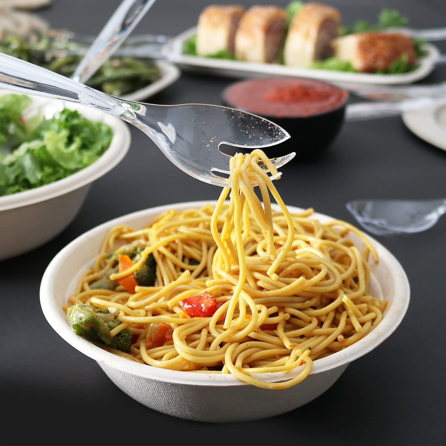 Set of 12 - Heavy Duty Disposable Plastic Serving Utensils, Four 10” Spoons and Forks, Four 6-1/2” Tongs,Clear