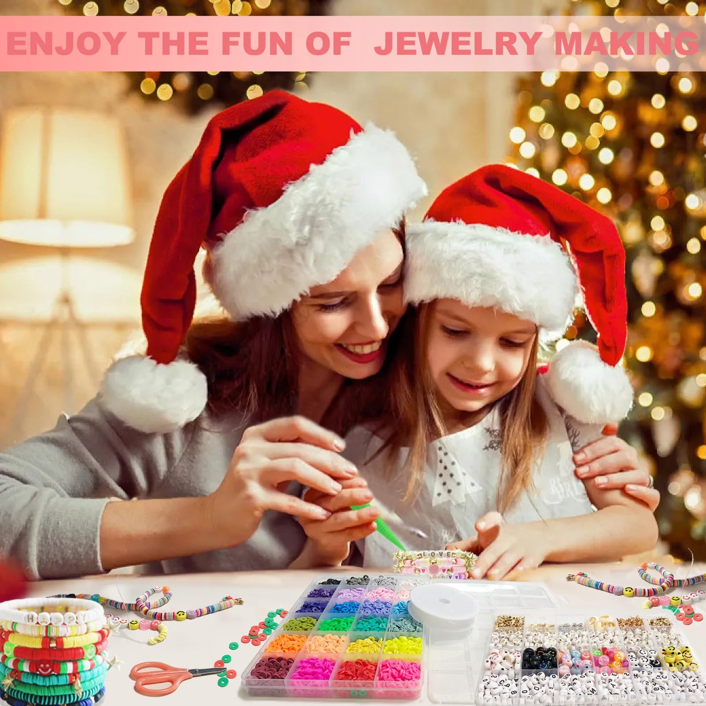 Redtwo 7200 Pcs Clay Beads Bracelet Making Kit, Preppy Friendship Flat Polymer Heishi Beads Jewelry Kits with Charms and Elastic Strings,Crafts Gifts Set for Girls Ages 8-12(2 Boxes)