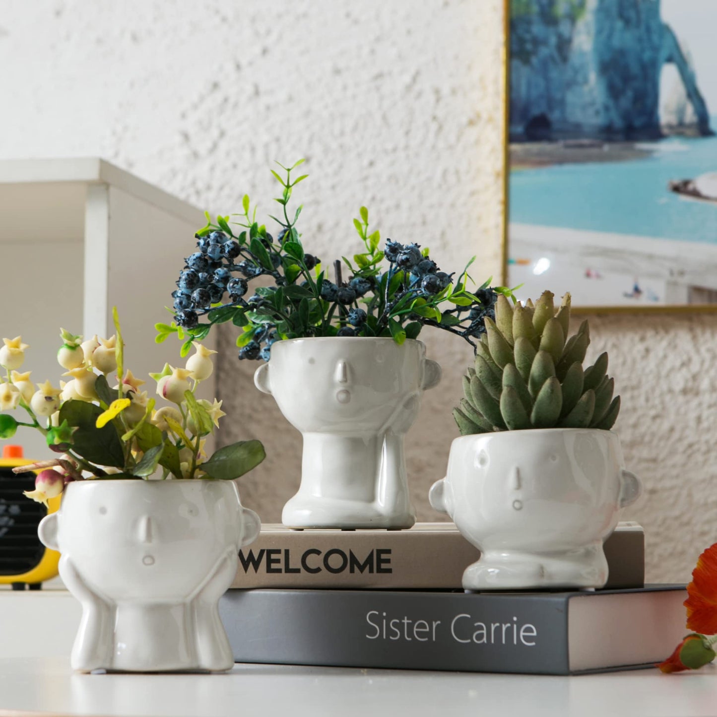 Tenforie Ceramic Flower Pot Modern Style Vase Cute Fleshy Flower Vase Supporting Cheek Vase Mini Ceramic Plants Containers for Home Office, No Plant-3 Pack