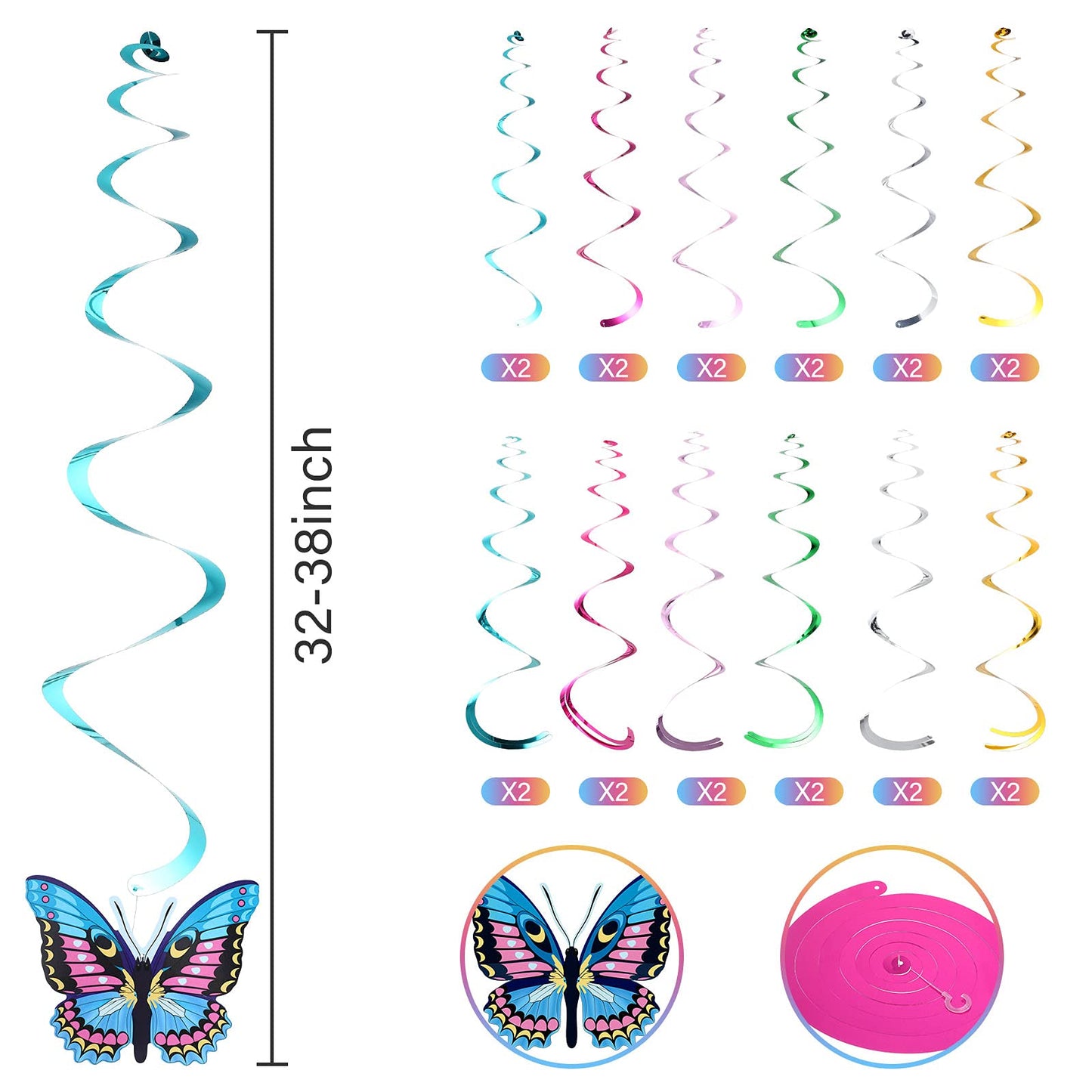 36 Pieces Butterfly Hanging Swirl Decoration Summer Spring Party Streamer Butterfly Ceiling Swirl for Home Baby Shower Birthday Wedding Garden Tea Party