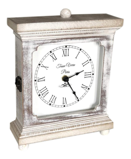Tasse Verre Rustic Shelf Clock (Quiet) for Living Room Mantel, Table, Or Desk 9" X 7" Farmhouse Decor Distressed White Washed Wood Silent - Office Fireplace. AA Battery Operated Non-Digital, Tan