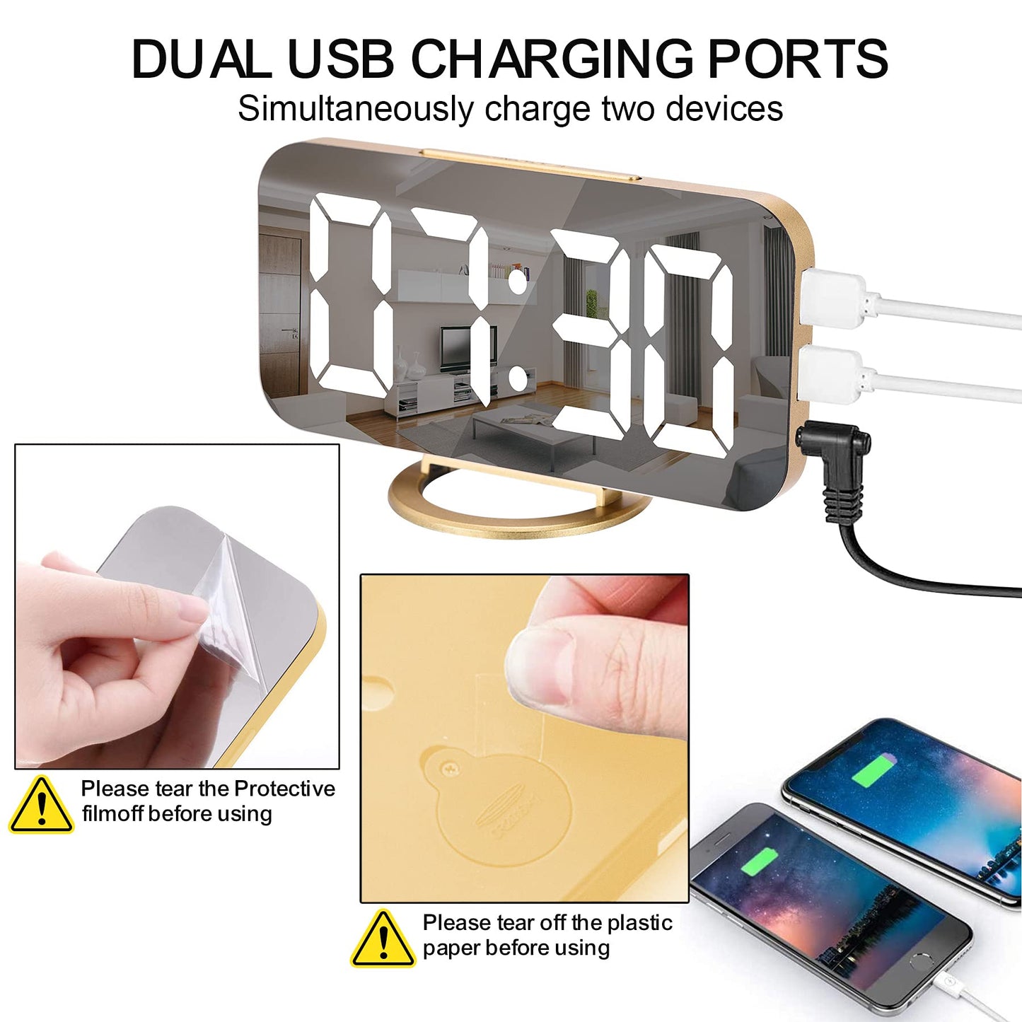 SZELAM Digital Alarm Clock,LED and Mirror Desk Clock Large Display,with Dual USB Charger Ports,3 Levels Brightness,12/24H,Modern Electronic Clock for Bedroom Home Living Room Office - Gold