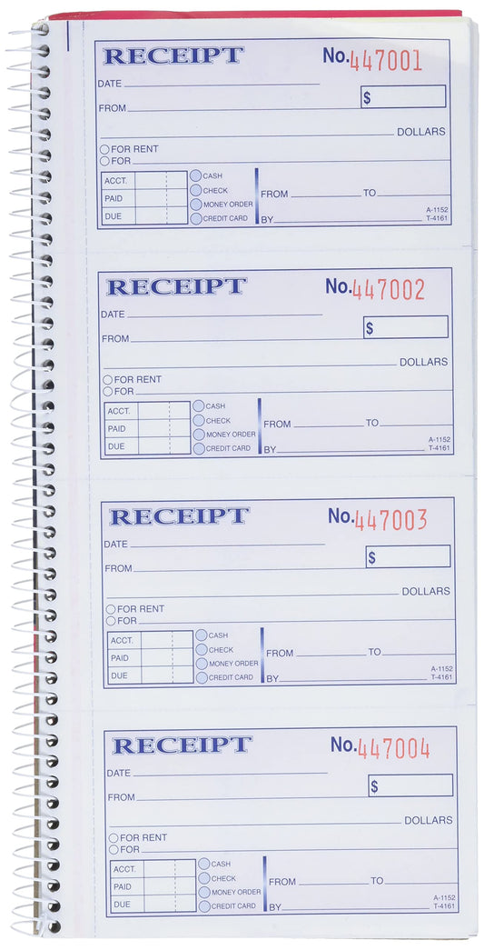 Adams Money and Rent Receipt Book, 2-Part Carbonless, 5-1/4" x 11", Spiral Bound, 200 Sets per Book, 4 Receipts per Page (SC1152)