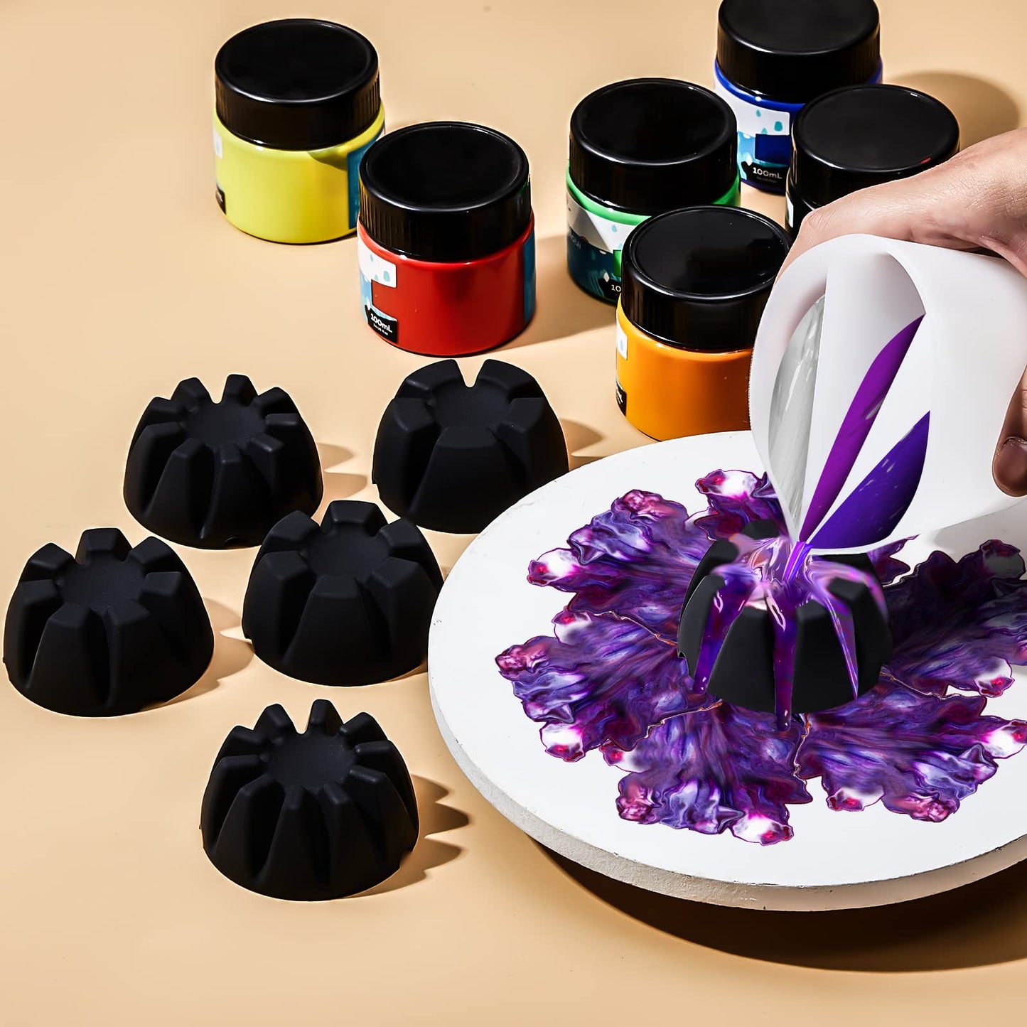6 Pieces Flower Pour Cup for Paint Pouring 6/7/8/9/10 Slot Acrylic Paint Tools Fluid Painting Supplies Flower Strainer for DIY Pouring Paint and Creating Patterns Art Supplies(Black)