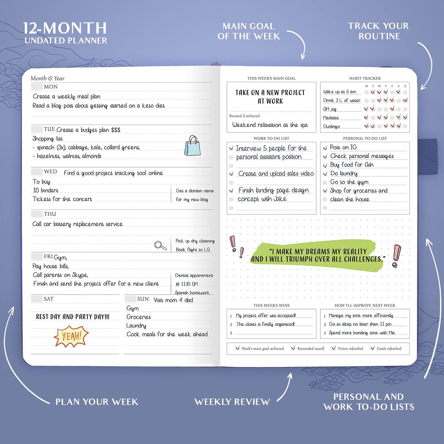 Legend Planner – Deluxe Weekly & Monthly Life Planner to Hit Your Goals & Live Happier. Organizer Notebook & Productivity Journal. A5 Hardcover, Undated – Start Any Time + Stickers – Periwinkle Gold